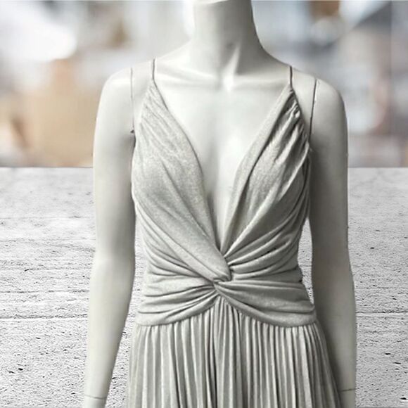 Halston Silver Metallic Spaghetti Strap Pleated Bottom Dress 70’s , Marilyn Monr - Picture 2 of 5